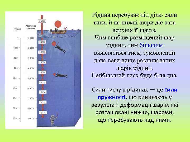 Рідина перебуває під дією сили ваги, й на нижні шари діє вага верхніх її