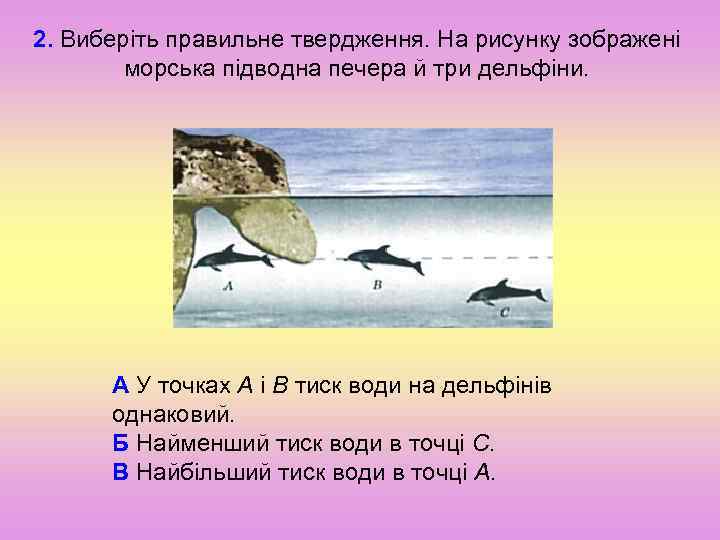 2. Виберіть правильне твердження. На рисунку зображені морська підводна печера й три дельфіни. А