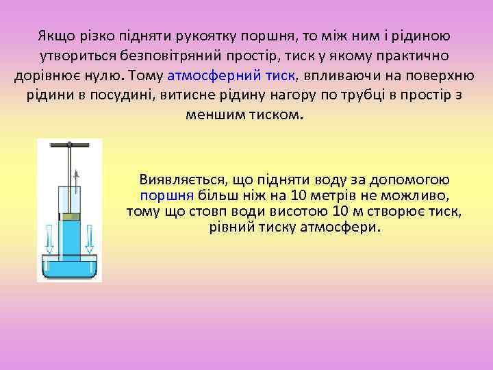 Якщо різко підняти рукоятку поршня, то між ним і рідиною утвориться безповітряний простір, тиск