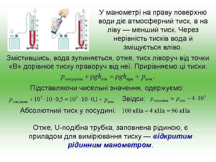 У манометрі на праву поверхню води діє атмосферний тиск, а на ліву — менший