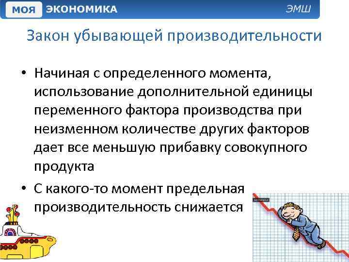 Закон убывающей производительности • Начиная с определенного момента, использование дополнительной единицы переменного фактора производства