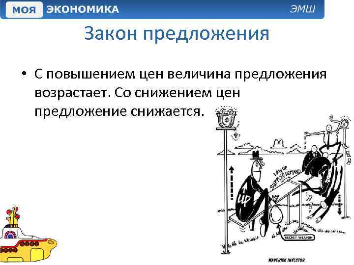 Закон предложения • С повышением цен величина предложения возрастает. Со снижением цен предложение снижается.