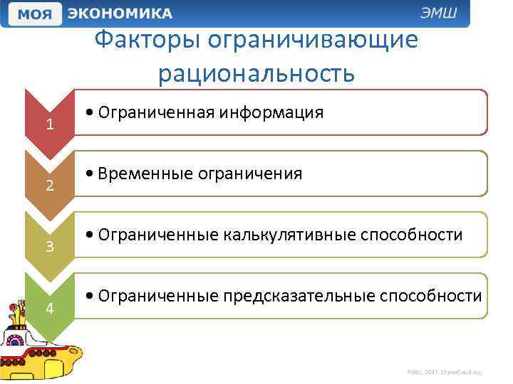Факторы ограничивающие рациональность 1 2 3 4 • Ограниченная информация • Временные ограничения •