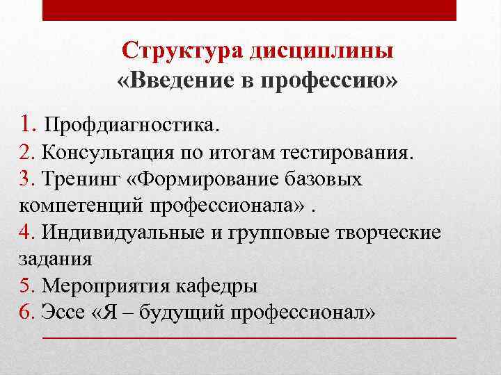 Структура дисциплины «Введение в профессию» 1. Профдиагностика. 2. Консультация по итогам тестирования. 3. Тренинг