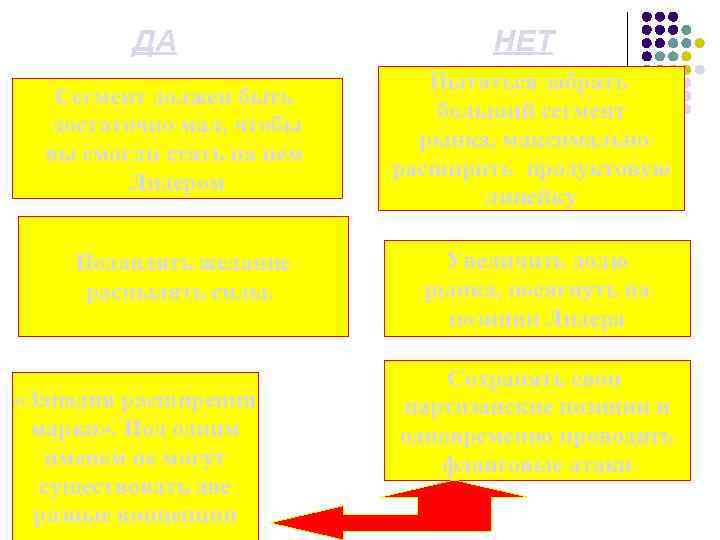  ДА Сегмент должен быть достаточно мал, чтобы вы смогли стать на нем Лидером