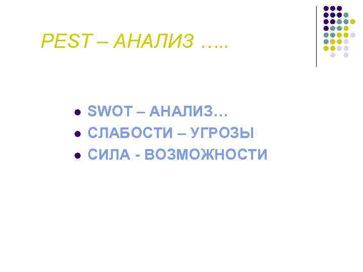 PEST – АНАЛИЗ …. . l l l SWOT – АНАЛИЗ… СЛАБОСТИ – УГРОЗЫ