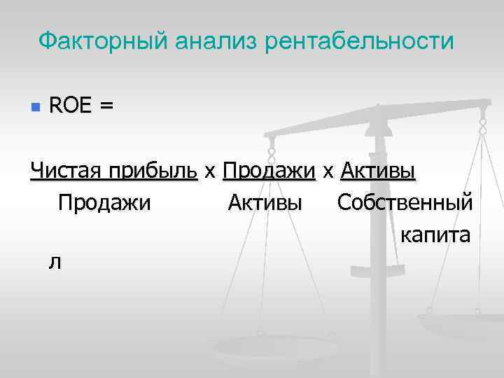 Факторный анализ рентабельности n ROE = Чистая прибыль х Продажи х Активы Продажи Активы