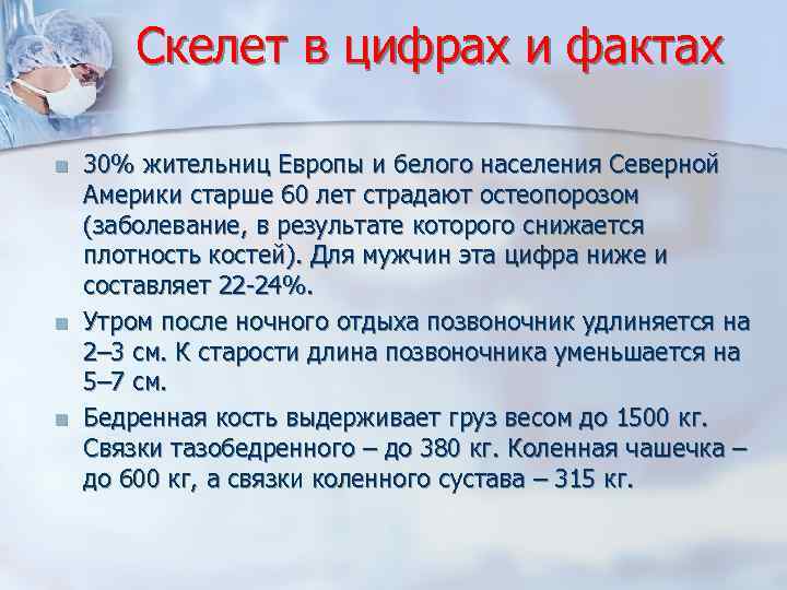 Скелет в цифрах и фактах n n n 30% жительниц Европы и белого населения