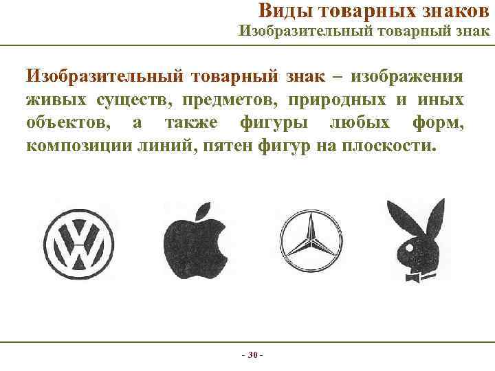 Виды товарных знаков Изобразительный товарный знак – изображения живых существ, предметов, природных и иных