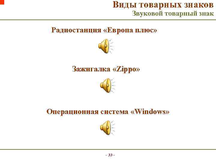 Виды товарных знаков Звуковой товарный знак Радиостанция «Европа плюс» Зажигалка «Zippo» Операционная система «Windows»