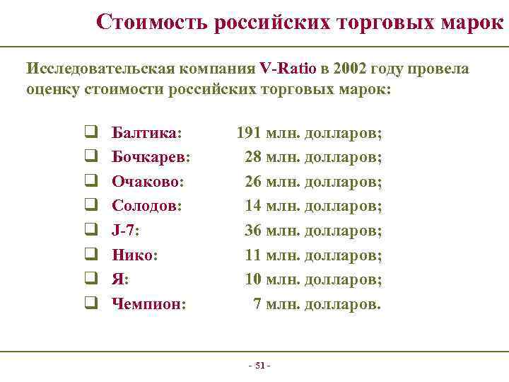 Стоимость российских торговых марок Исследовательская компания V-Ratio в 2002 году провела оценку стоимости российских