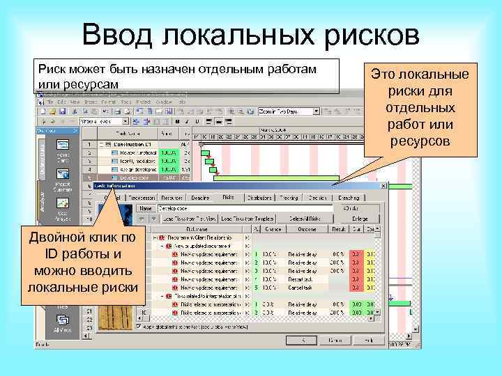 Ввод локальных рисков Риск может быть назначен отдельным работам или ресурсам Двойной клик по