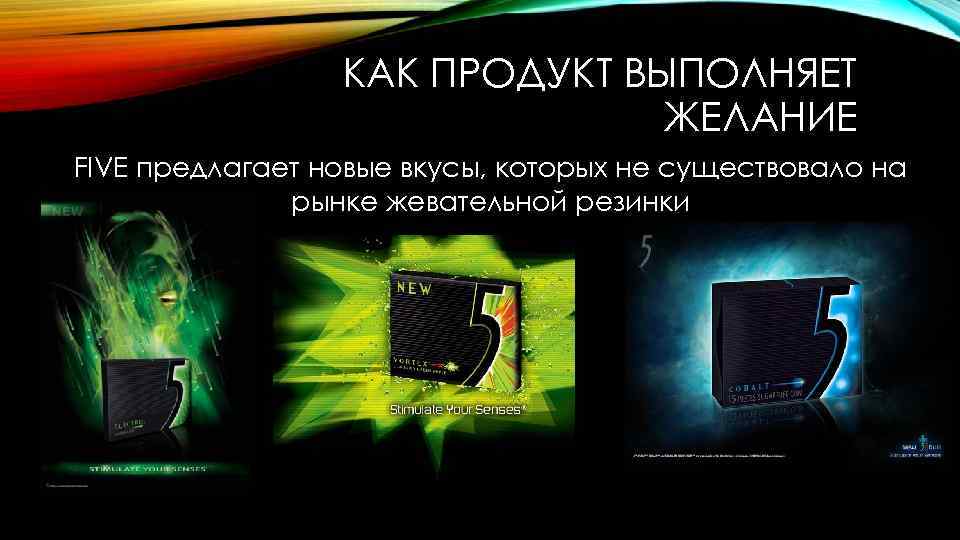 КАК ПРОДУКТ ВЫПОЛНЯЕТ ЖЕЛАНИЕ FIVE предлагает новые вкусы, которых не существовало на рынке жевательной