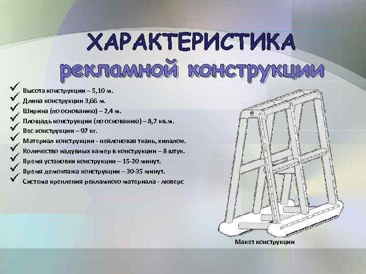 ХАРАКТЕРИСТИКА рекламной конструкции ü Высота конструкции – 5, 10 м. ü Длина конструкции 3,