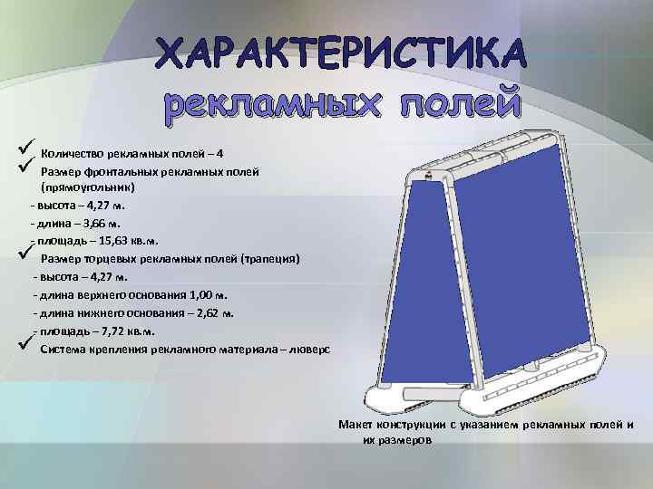 ХАРАКТЕРИСТИКА рекламных полей ü Количество рекламных полей – 4 ü Размер фронтальных рекламных полей