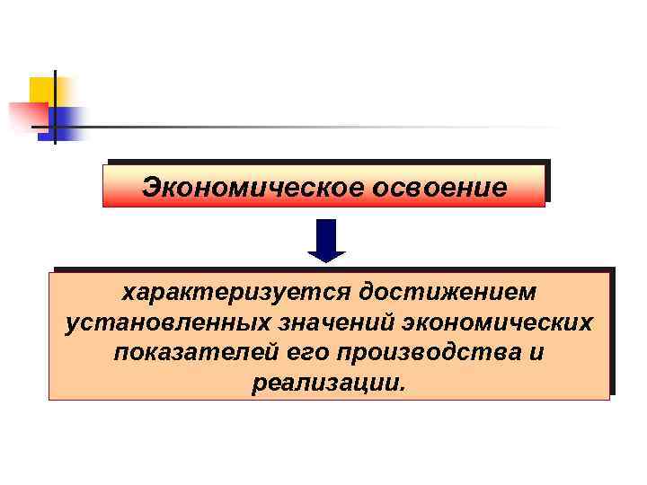 Экономическое освоение характеризуется достижением установленных значений экономических показателей его производства и реализации. 