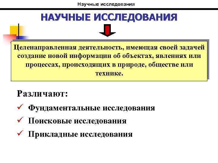 Научные исследования НАУЧНЫЕ ИССЛЕДОВАНИЯ Целенаправленная деятельность, имеющая своей задачей создание новой информации об объектах,