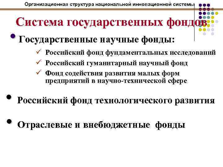 Организационная структура национальной инновационной системы Система государственных фондов • Государственные научные фонды: ü Российский