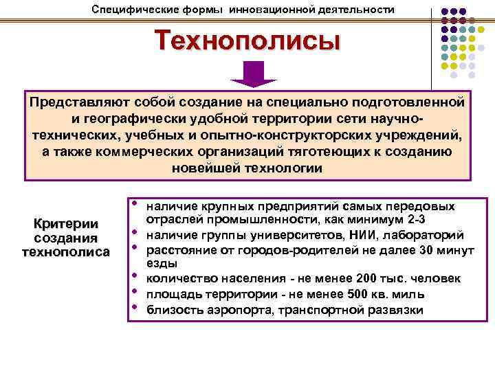 Специфические формы инновационной деятельности Технополисы Представляют собой создание на специально подготовленной и географически удобной