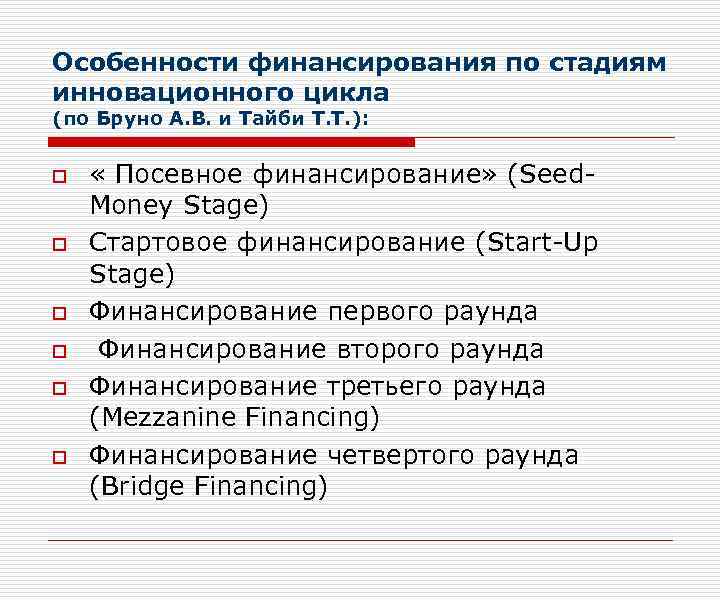 Особенности финансирования по стадиям инновационного цикла (по Бруно А. В. и Тайби Т. Т.