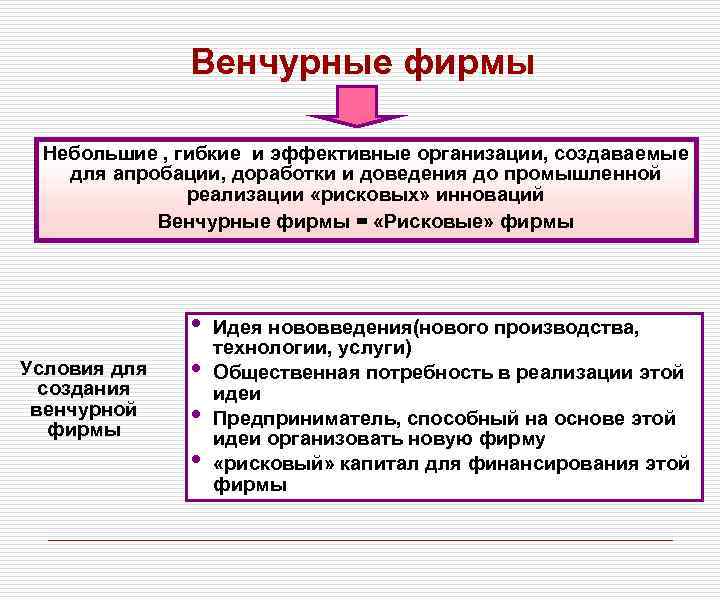 Венчурные фирмы Небольшие , гибкие и эффективные организации, создаваемые для апробации, доработки и доведения