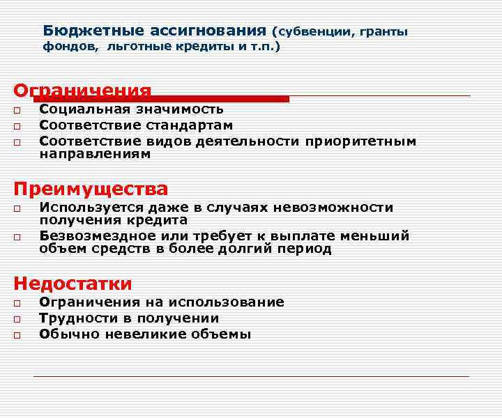 Бюджетные ассигнования (субвенции, гранты фондов, льготные кредиты и т. п. ) Ограничения o o