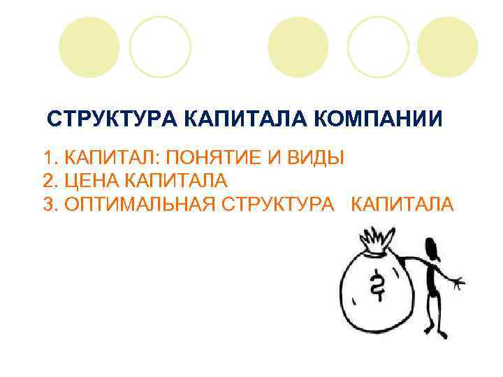 СТРУКТУРА КАПИТАЛА КОМПАНИИ 1. КАПИТАЛ: ПОНЯТИЕ И ВИДЫ 2. ЦЕНА КАПИТАЛА 3. ОПТИМАЛЬНАЯ СТРУКТУРА