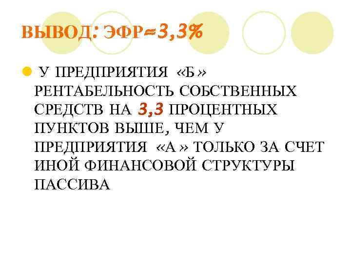 ВЫВОД: ЭФР=3, 3% l У ПРЕДПРИЯТИЯ «Б» РЕНТАБЕЛЬНОСТЬ СОБСТВЕННЫХ СРЕДСТВ НА 3, 3 ПРОЦЕНТНЫХ