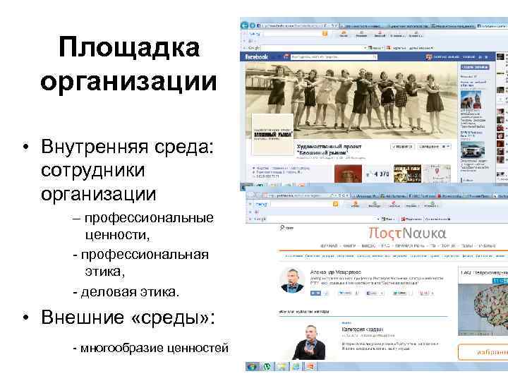 Площадка организации • Внутренняя среда: сотрудники организации – профессиональные ценности, - профессиональная этика, -