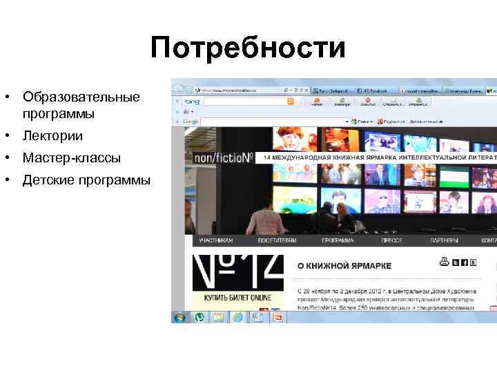 Потребности • Образовательные программы • Лектории • Мастер-классы • Детские программы 