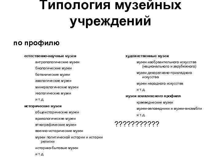 Типология музейных учреждений по профилю естественно-научные музеи антропологические музеи биологические музеи ботанические музеи зоологические