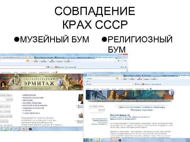 СОВПАДЕНИЕ КРАХ СССР МУЗЕЙНЫЙ БУМ РЕЛИГИОЗНЫЙ БУМ 