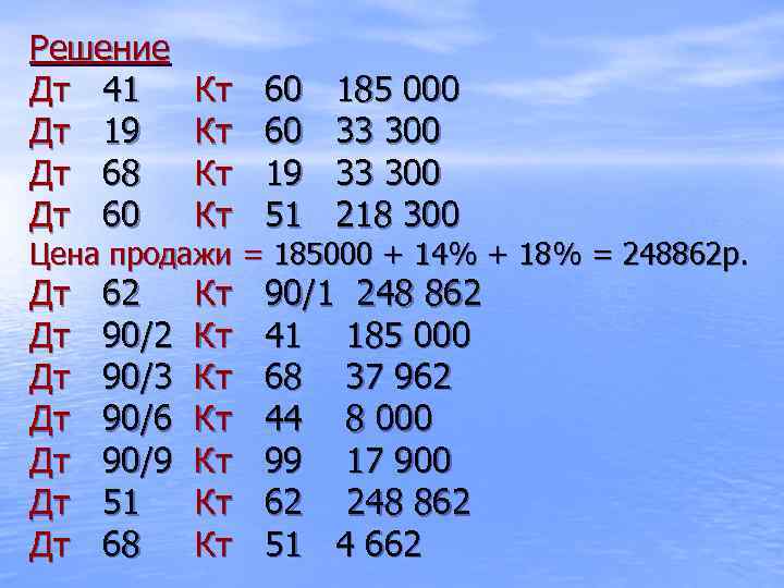 Решение Дт 41 Дт 19 Дт 68 Дт 60 Кт Кт 60 60 19