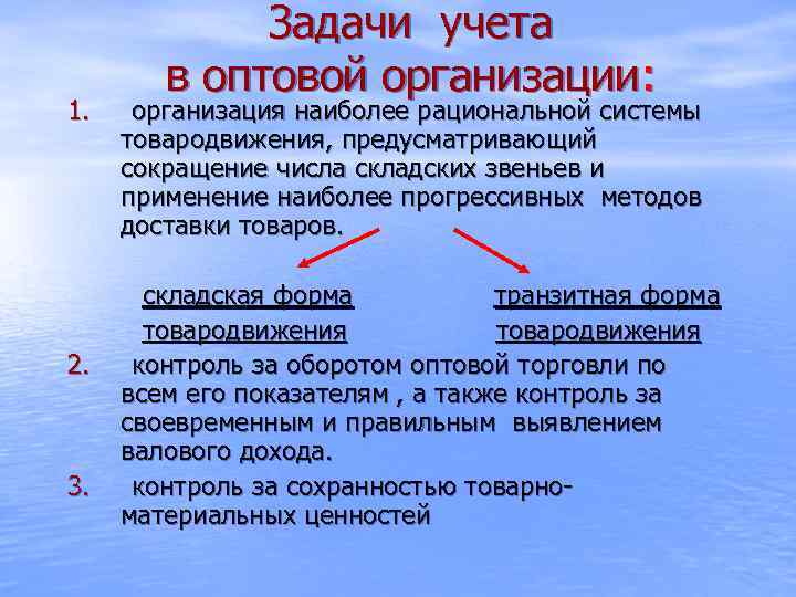 1. 2. 3. Задачи учета в оптовой организации: организация наиболее рациональной системы товародвижения, предусматривающий