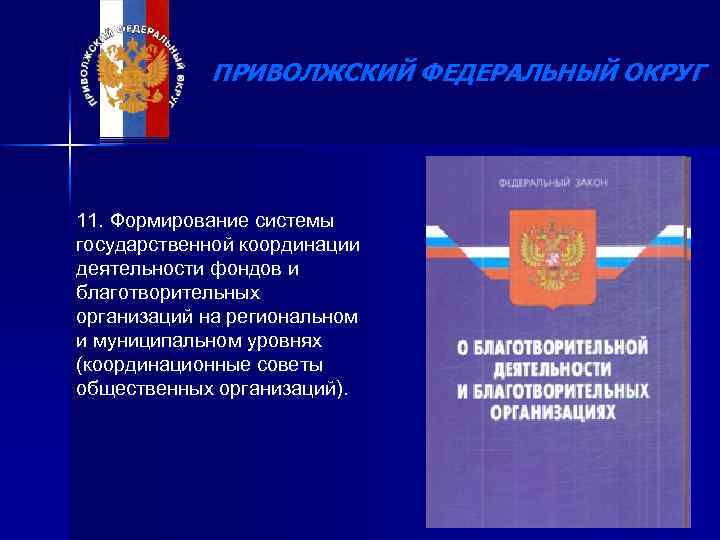 ПРИВОЛЖСКИЙ ФЕДЕРАЛЬНЫЙ ОКРУГ 11. Формирование системы государственной координации деятельности фондов и благотворительных организаций на