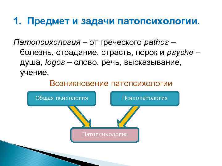 1. Предмет и задачи патопсихологии. Патопсихология – от греческого pathos – болезнь, страдание, страсть,