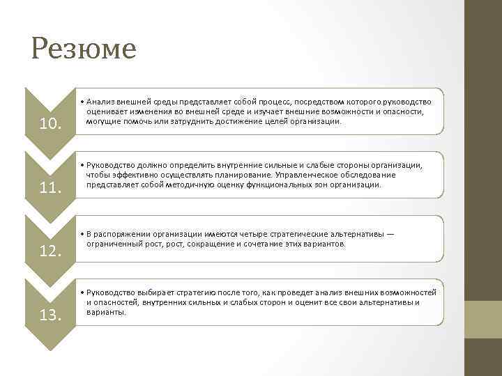 Резюме 10. 11. 12. 13. • Анализ внешней среды представляет собой процесс, посредством которого