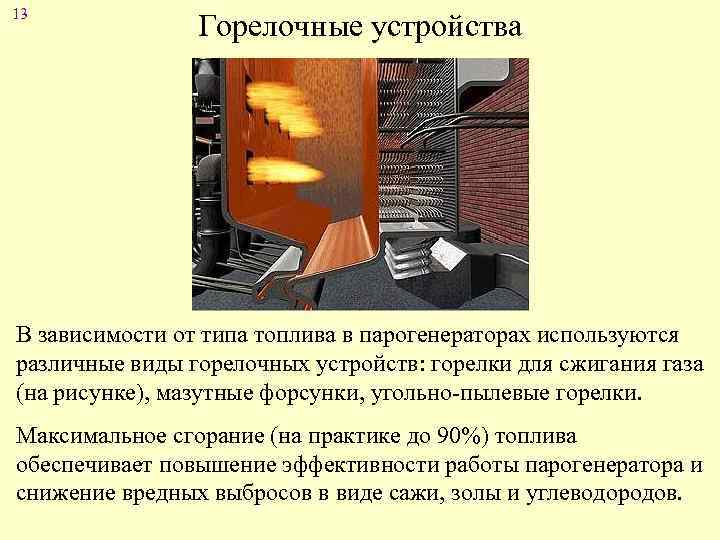 13 Горелочные устройства В зависимости от типа топлива в парогенераторах используются различные виды горелочных