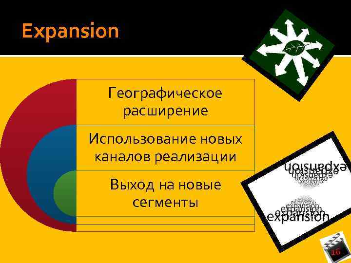 Expansion Географическое расширение Использование новых каналов реализации Выход на новые сегменты 16 