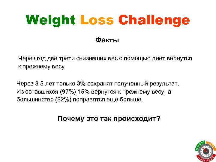 Weight Loss Challenge Факты Через год две трети снизивших вес с помощью диет вернутся