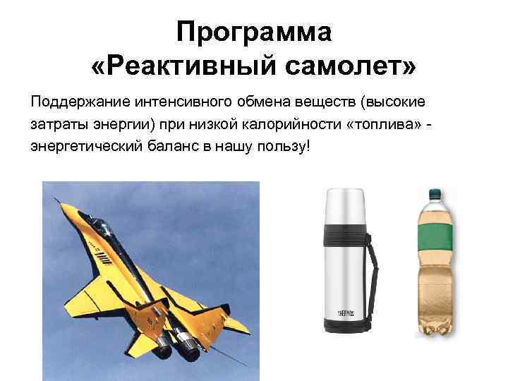 Программа «Реактивный самолет» Поддержание интенсивного обмена веществ (высокие затраты энергии) при низкой калорийности «топлива»