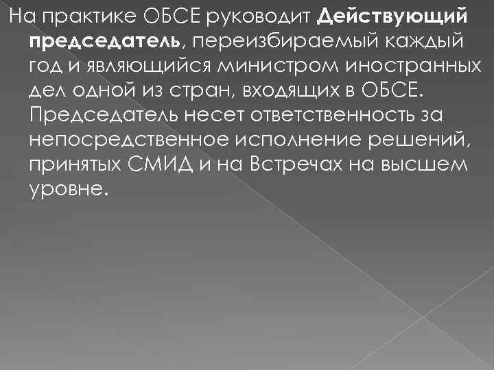 На практике ОБСЕ руководит Действующий председатель, переизбираемый каждый год и являющийся министром иностранных дел