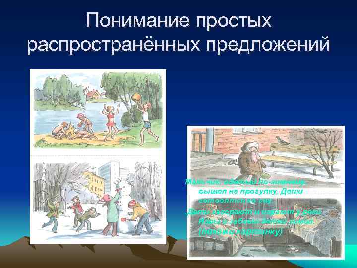 Понимание простых распространённых предложений Мальчик, одетый по-зимнему, вышел на прогулку. Дети готовятся ко сну.