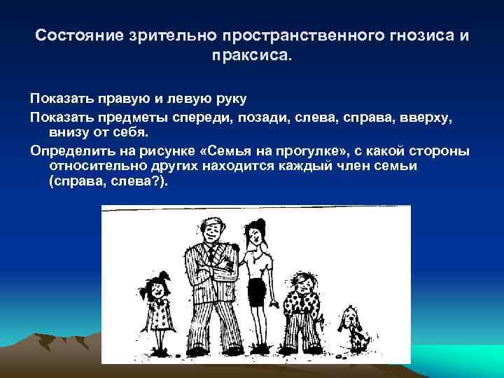 Состояние зрительно пространственного гнозиса и праксиса. Показать правую и левую руку Показать предметы спереди,