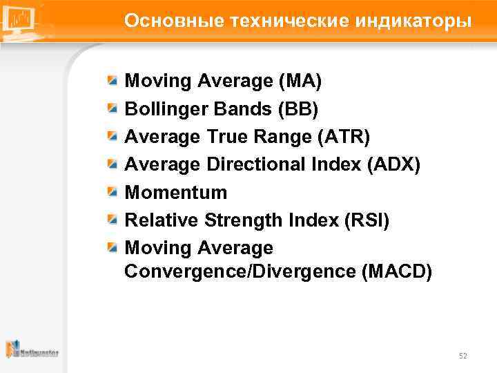 Основные технические индикаторы Moving Average (MA) Bollinger Bands (BB) Average True Range (ATR) Average