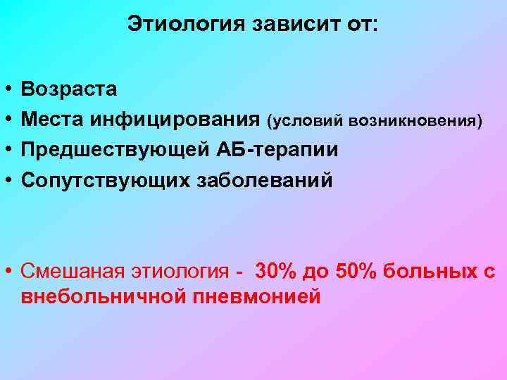 Этиология зависит от: • • Возраста Места инфицирования (условий возникновения) Предшествующей АБ-терапии Сопутствующих заболеваний