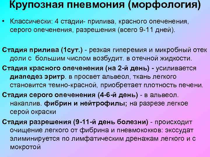 Крупозная пневмония (морфология) • Классически: 4 стадии прилива, красного опеченения, серого опеченения, разрешения (всего