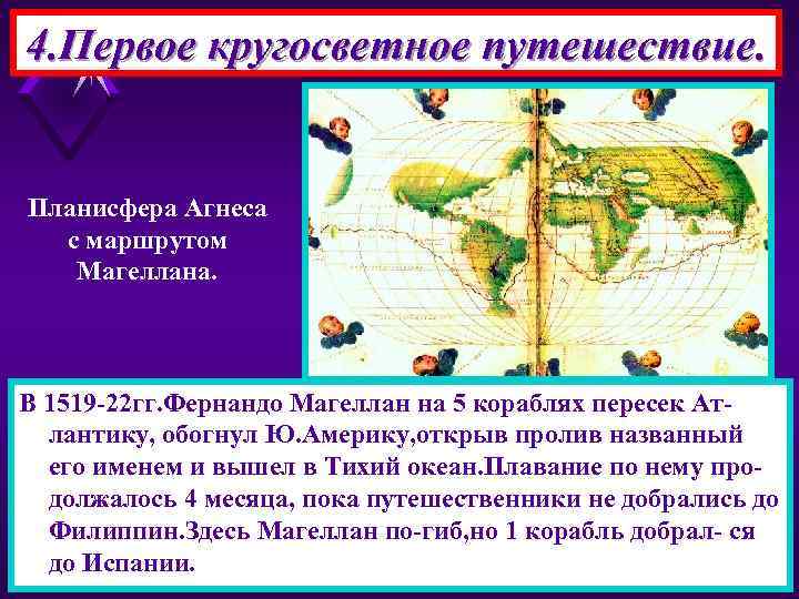 4. Первое кругосветное путешествие. Планисфера Агнеса с маршрутом Магеллана. В 1519 -22 гг. Фернандо