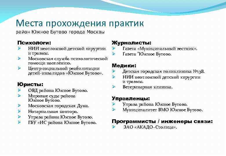 Места прохождения практик район Южное Бутово города Москвы Психологи: Ø Ø Ø НИИ неотложной