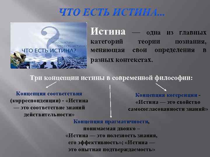 Истина — одна из главных категорий теории познания, меняющая свои определения в разных контекстах.